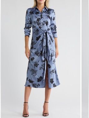 cinq a sept Blue Floral Tie-Waist Shirt Dress